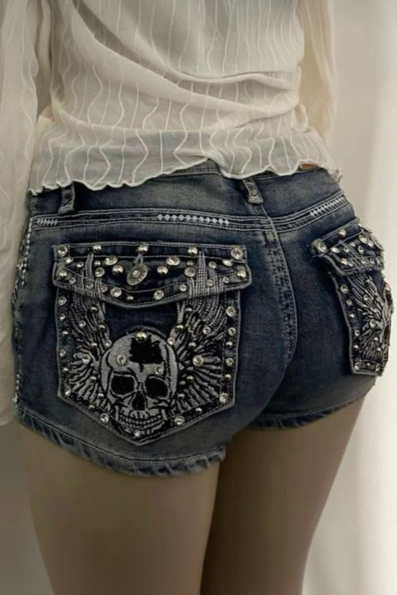 Mavi Yıkamalı Taşlı Skull Wings Grunge Y2K Kot Mini Şort