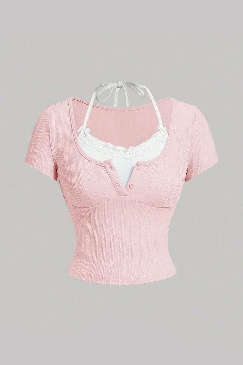 Pembe Bağlamalı Kurdeleli Beyaz Ek Yakalı Kısa Kollu Crop