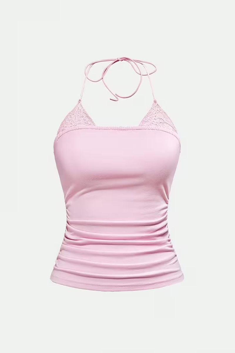 Pembe Dantel Ekli Bağlamalı Y2K Askılı Crop