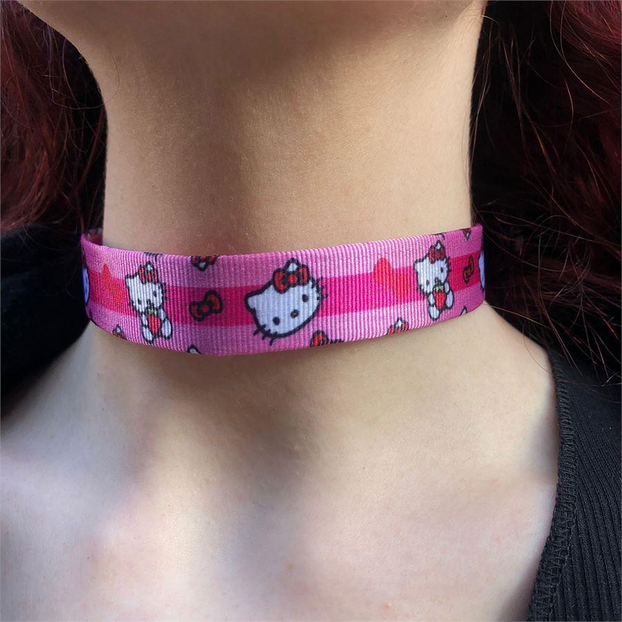 Pembe Hello Kitty Çilek-Kurdele Kolaj Tasma