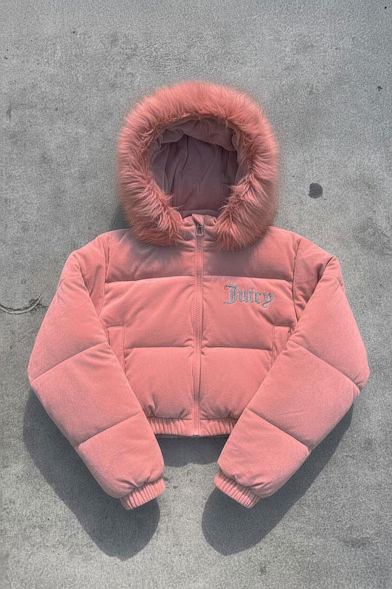 Pembe Juicy Peluş Kapüşonlu Şişme Crop Mont