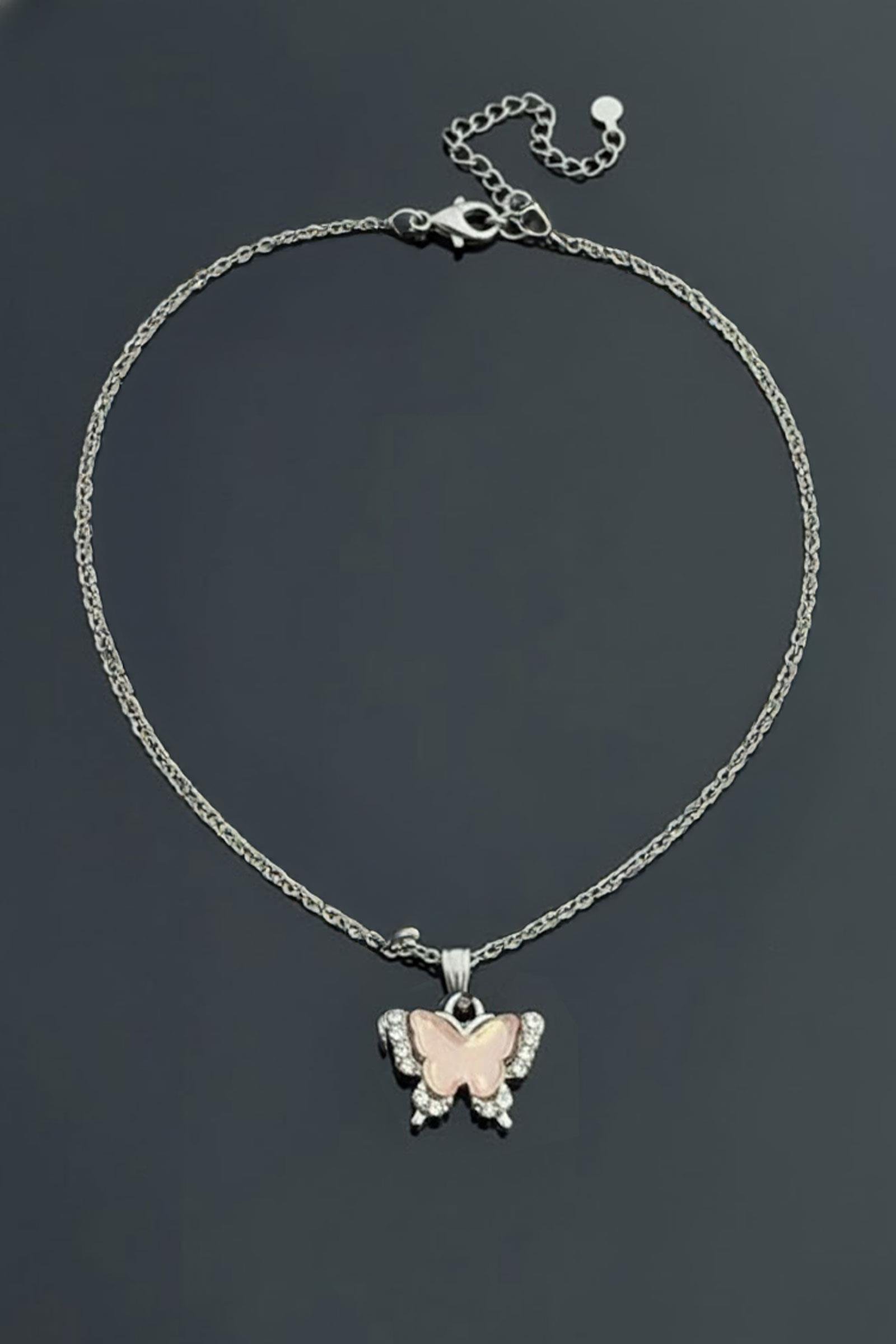 Pembe Kelebek Taşlı Kolye