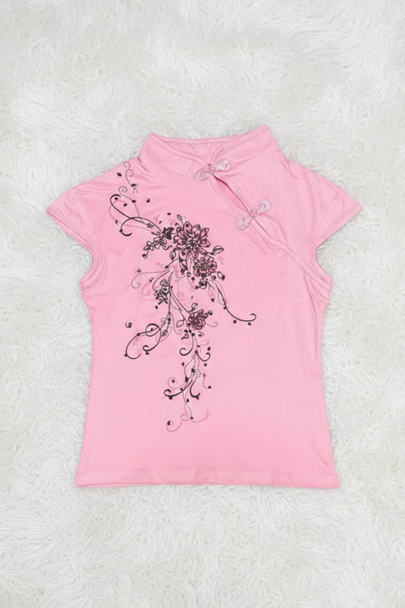 Pembe Mandarin Yaka Çiçekli Qipao Vintage Y2K Kısa Kollu Crop