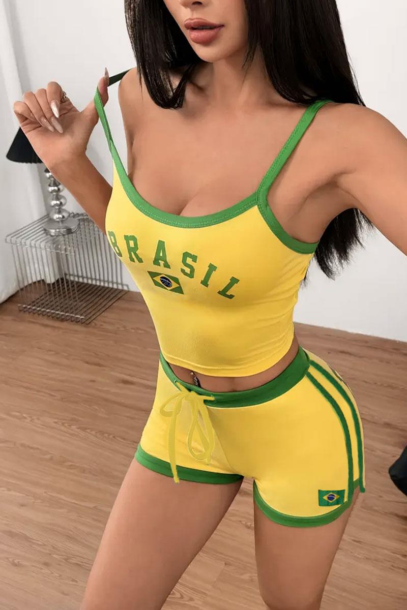 Sarı Vintage Brasil Şeritli Crop Şort Takımı