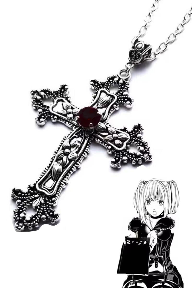 Silver Anime Misa Haç Sİyah Taş Detaylı Kolye