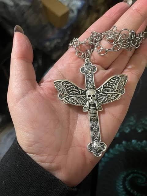 Silver Gotik Butterfly Skull Motifli Kolye