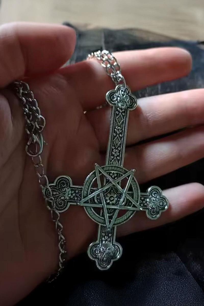 Silver Gotik Cross Motifli Pentagram Kolye