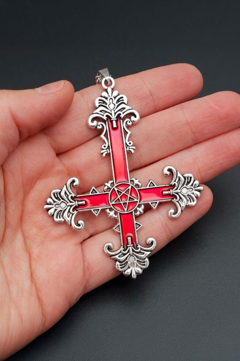 Silver Kırmızı Gotik Cross Pentagram Kolye