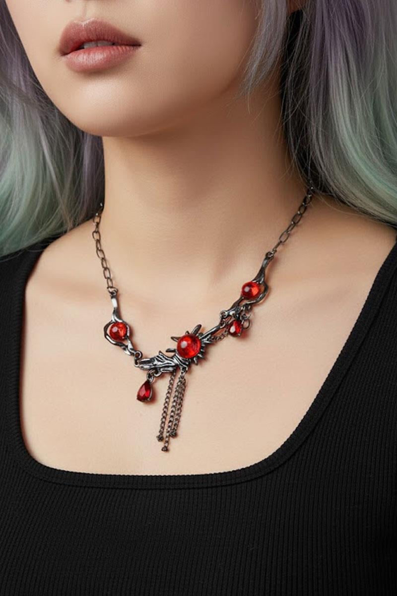 Silver Red Stones Gotik Kolye