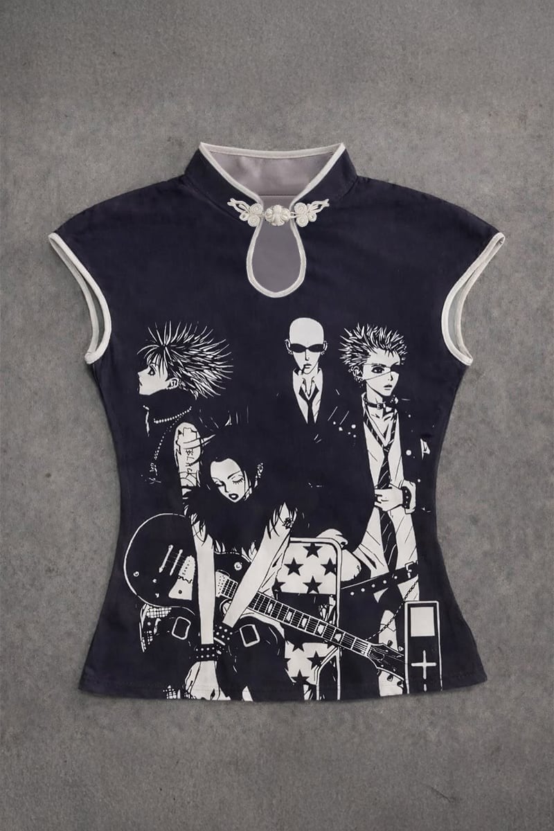 genLOC nana Siyah Anime Nana Qipao Vintage Y2K Kısa Kollu Crop
