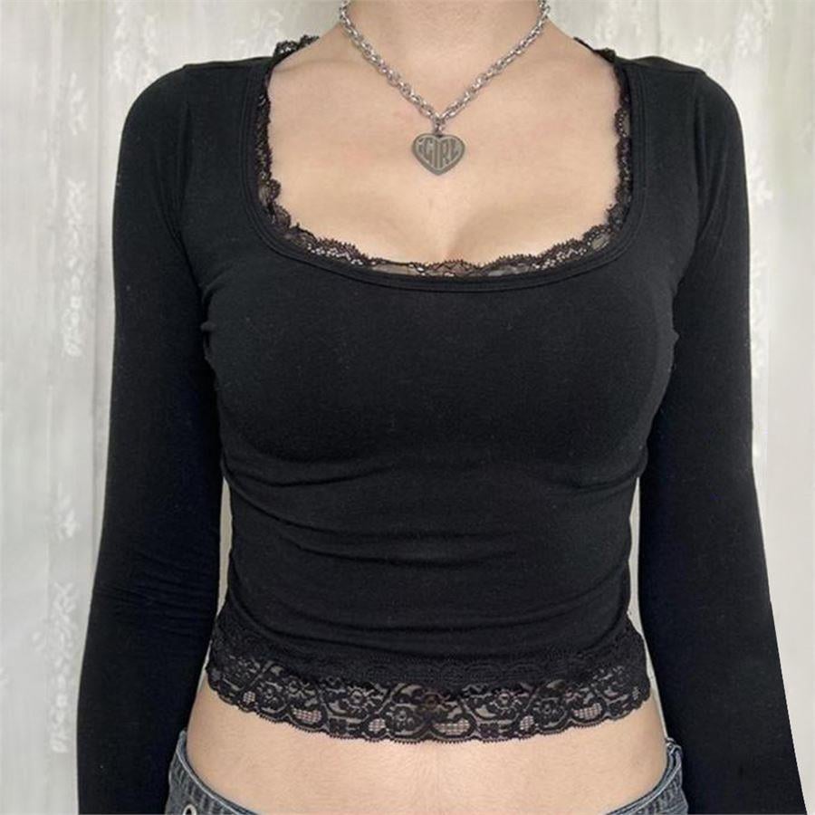 Siyah Basic Dantel Detaylı Uzun Kollu Crop