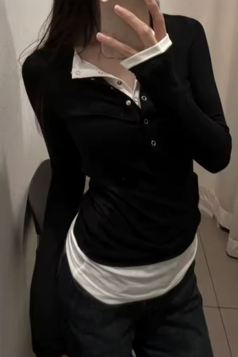 Siyah Düz Ekli Düğmeli Y2K Uzun Kollu Crop 