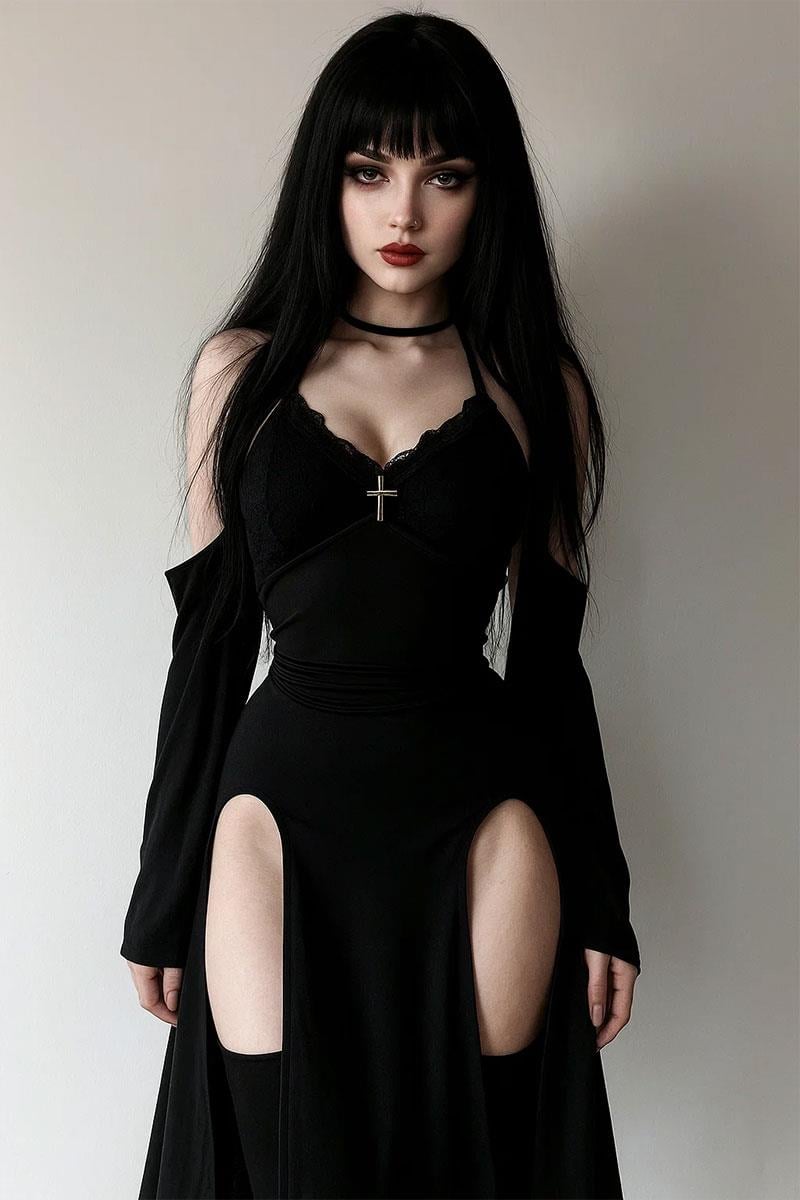 Siyah Gothic Çift Yırtmaçlı Askılı Ek Kollu Elbise
