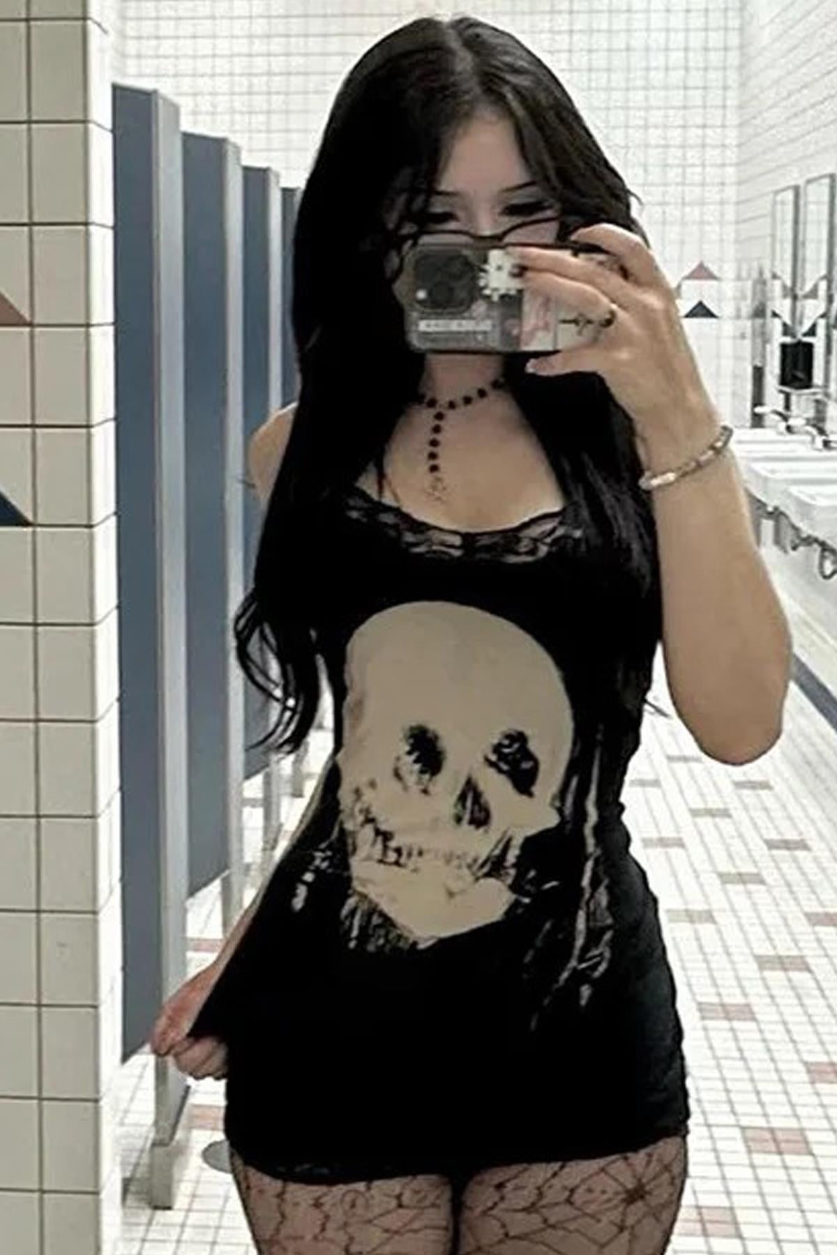 Siyah Gotik Skull Askılı Elbise