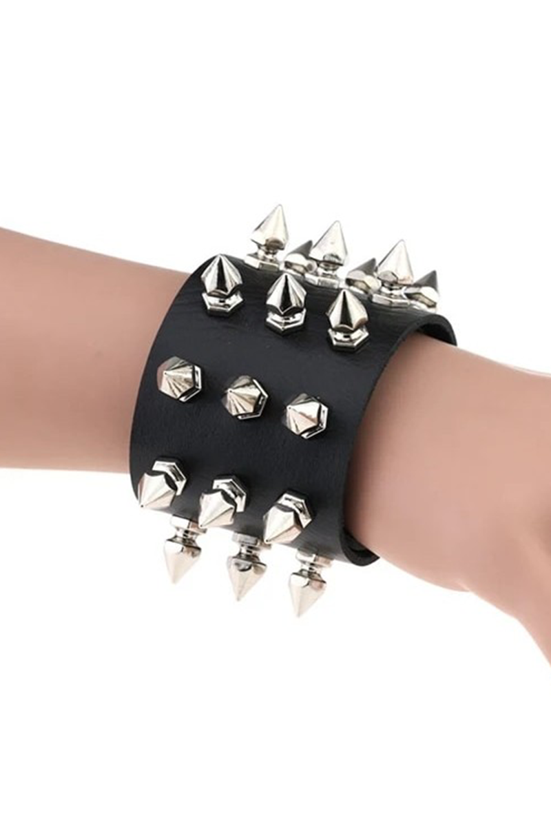 Siyah Gotik 3 Şerit Dikenli Detaylı Deri Bileklik