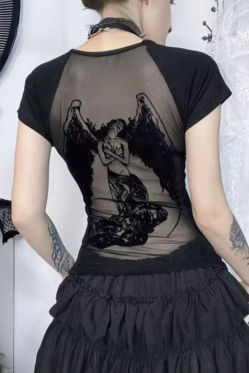Siyah Gotik Angel Sırtı Transparan Y2K Kısa Kollu Crop