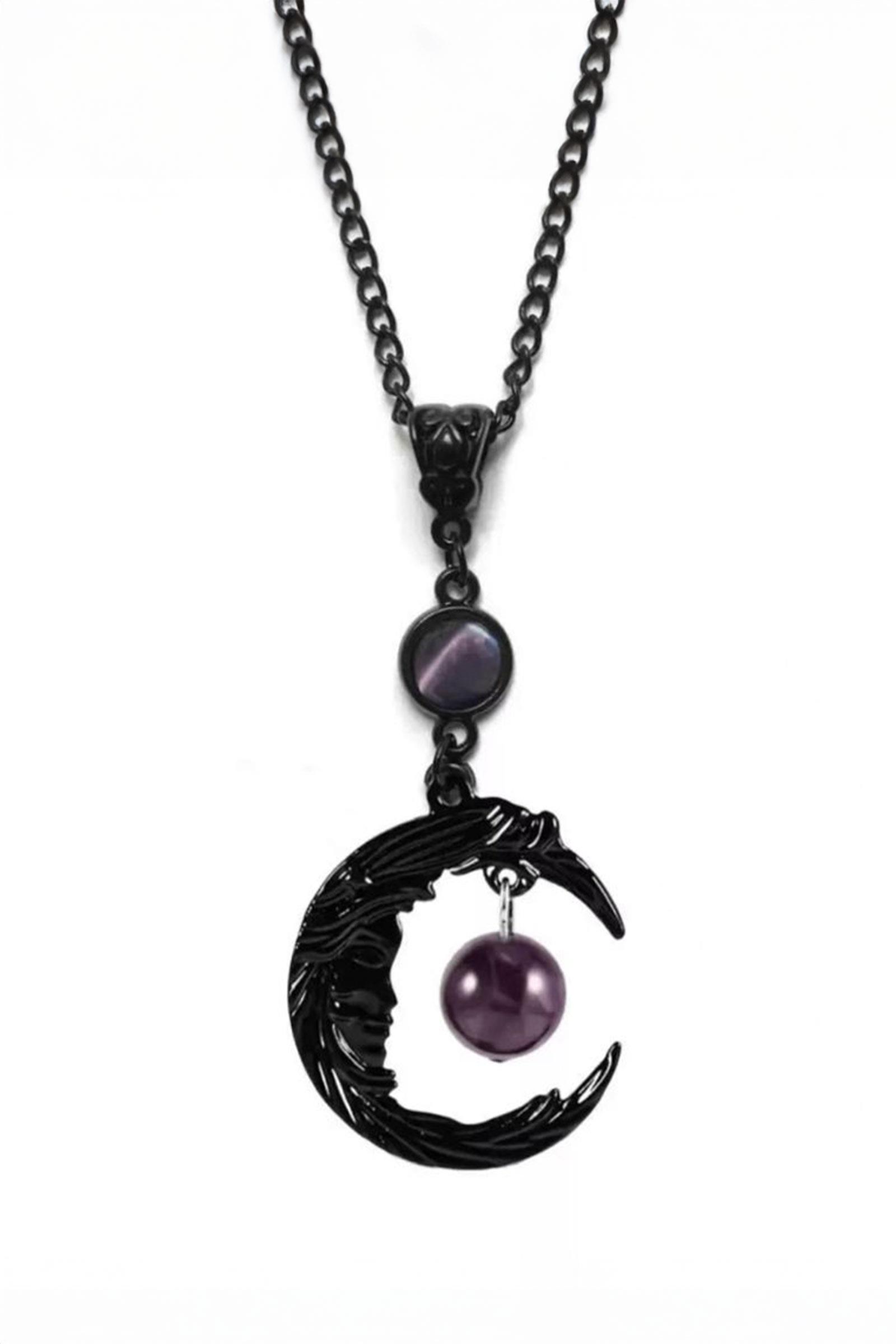 Siyah Gotik Ay yüzü Mor İnci Kolye