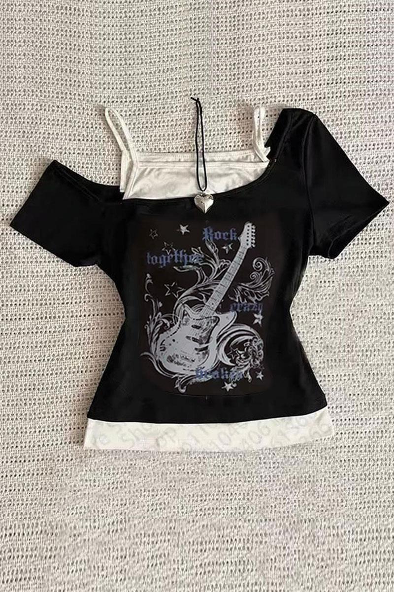 Siyah Gotik Guitar Madonna Yaka Ek Askılı Y2K Kısa Kollu Full Body Crop