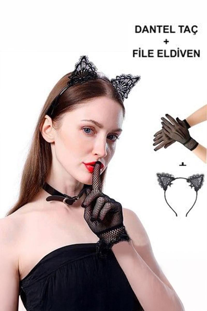 Siyah Gotik Kedi Taç ve File Eldiven Seti