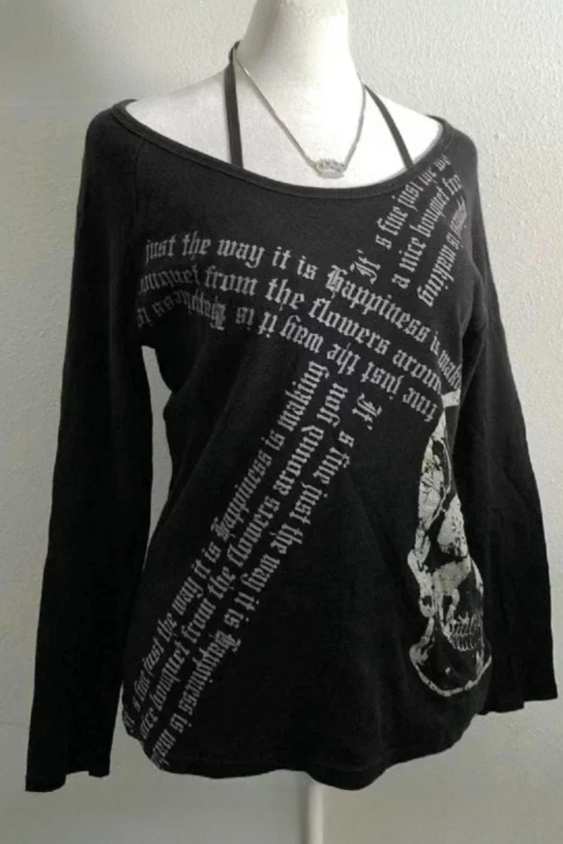 Siyah Gotik Skull Askılı Y2K Uzun Kollu Crop