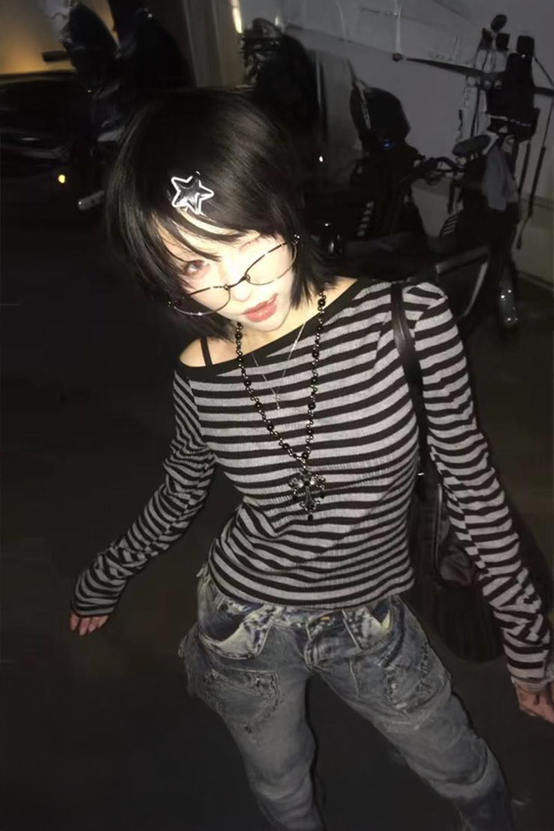 Siyah Gri Çizgili Y2K Uzun Kollu Crop