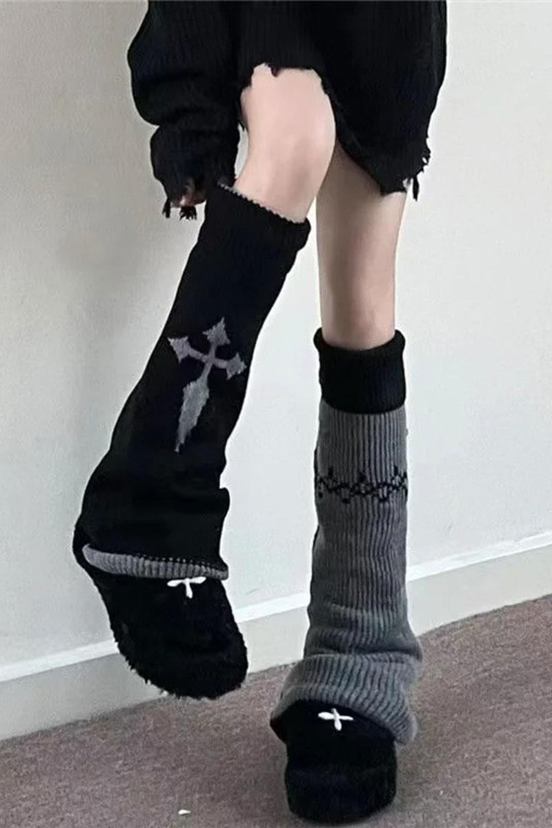 Siyah Gri Gotik Haç ve Dikenli Çift Taraflı Tozluk