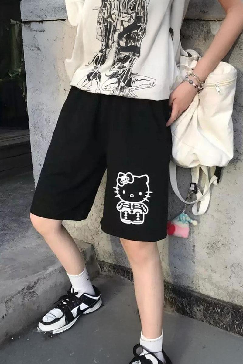 Siyah Hello Kitty Skeleton Penye Y2K Unisex Şort