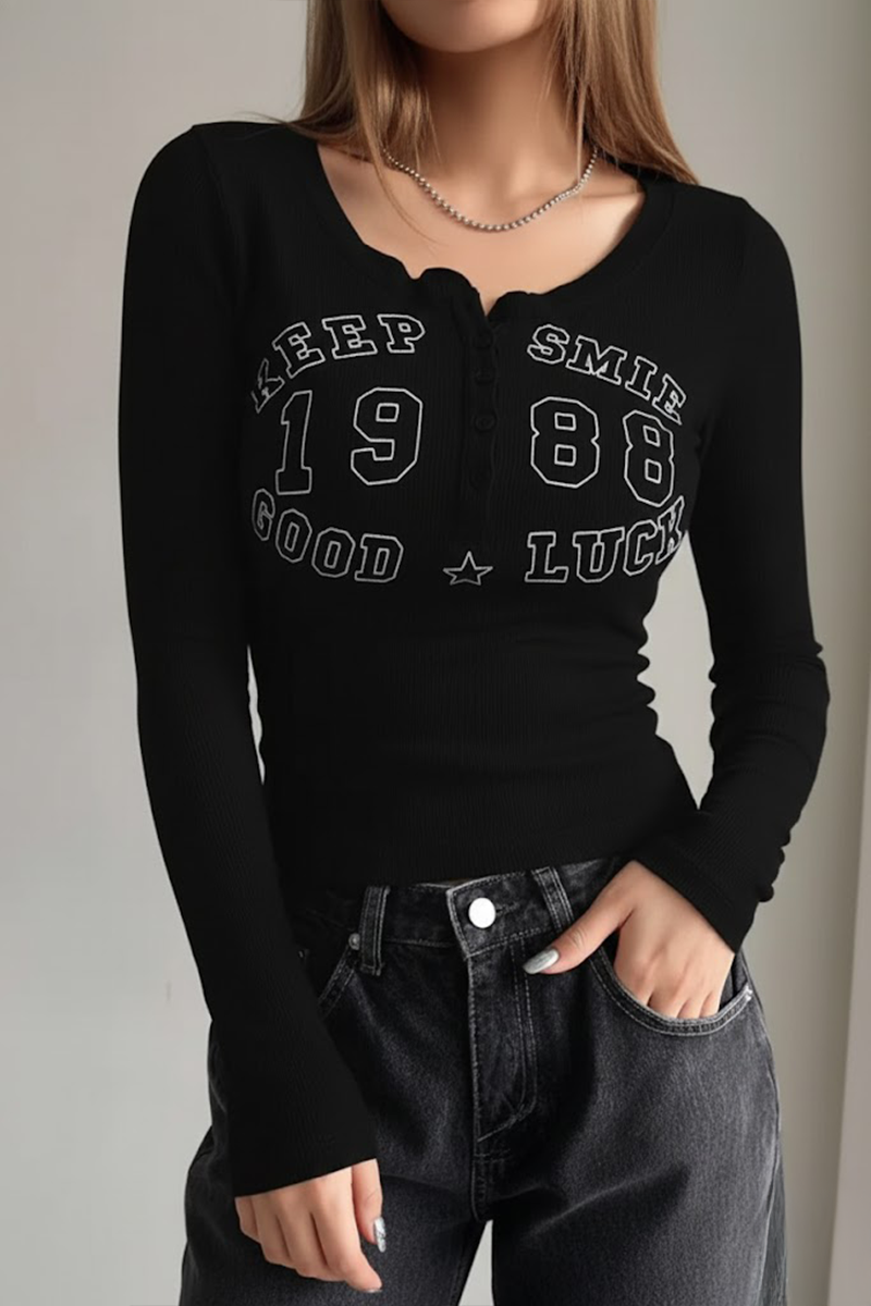 Siyah Keep Smile Düğmeli Street Y2K Uzun Kollu Crop