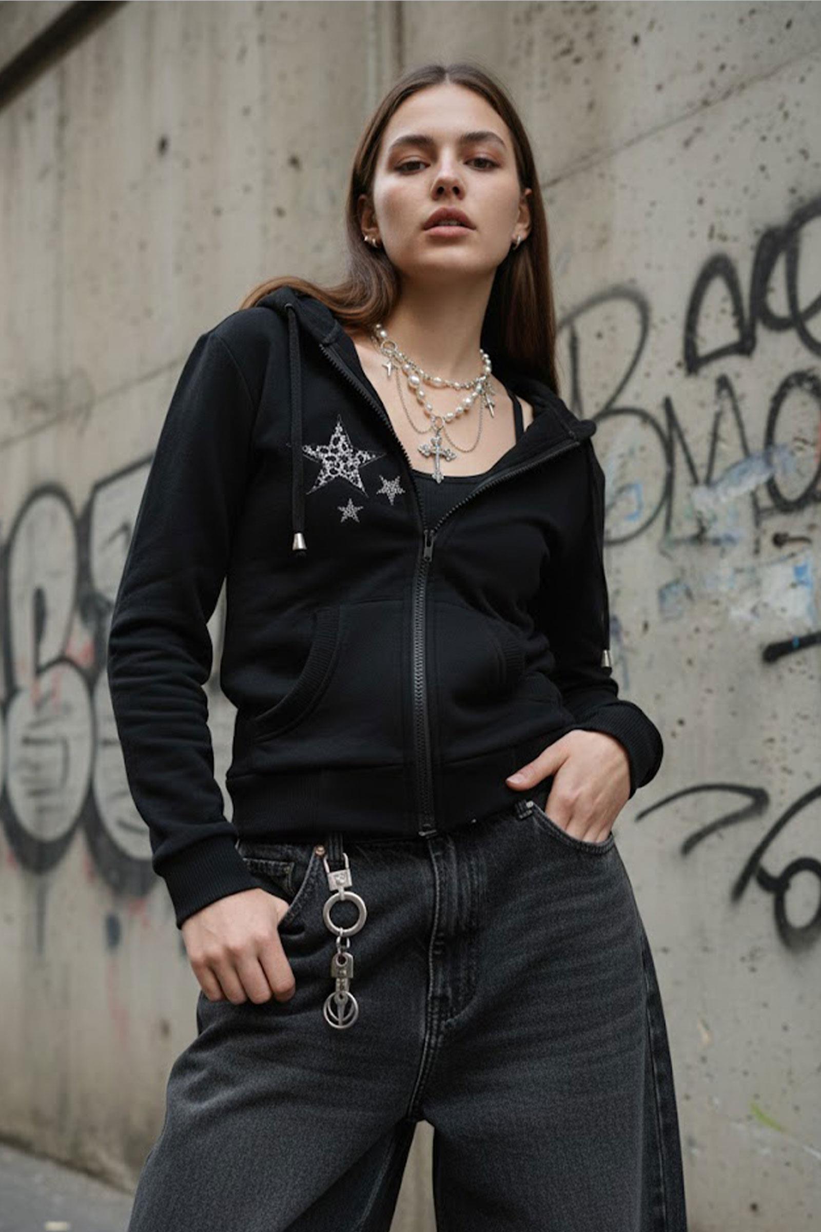 Siyah Leopar Desenli Star Harajuku Y2K Kapüşonlu Crop Hırka