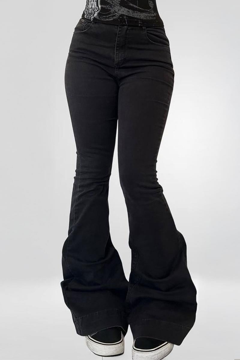 Siyah Low Rise V Kesim Mavi İspanyol Paça Pantolon