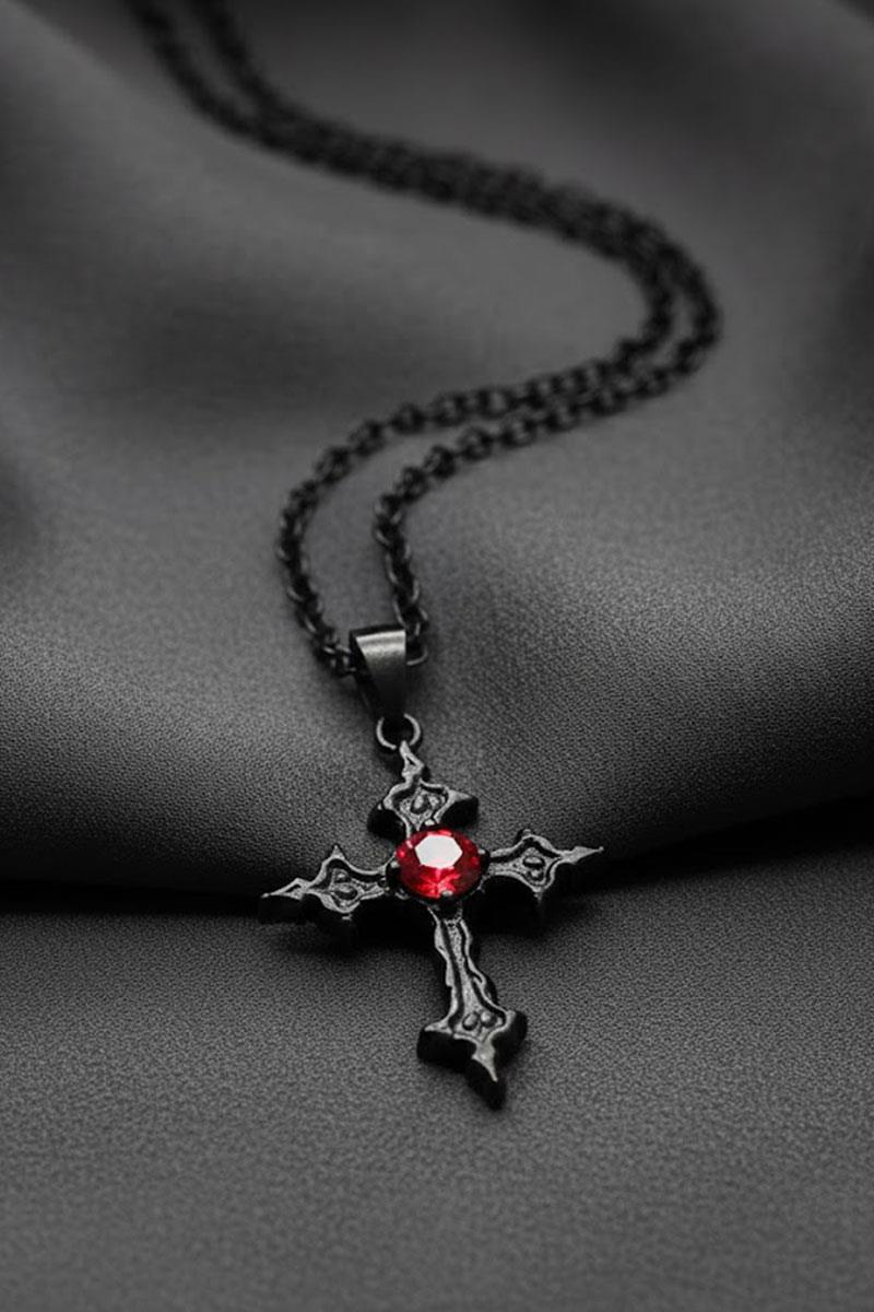 Siyah Mat Kırmızı Taşlı Gotik Kolye