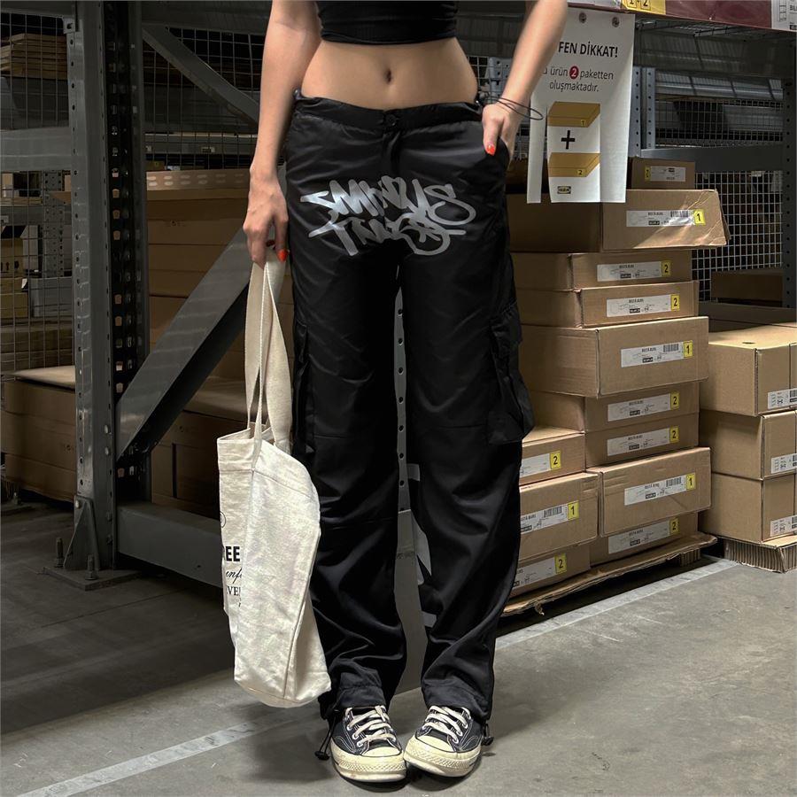 Siyah Minus Two Kargo Cepli Lastikli Paraşüt Pantolon