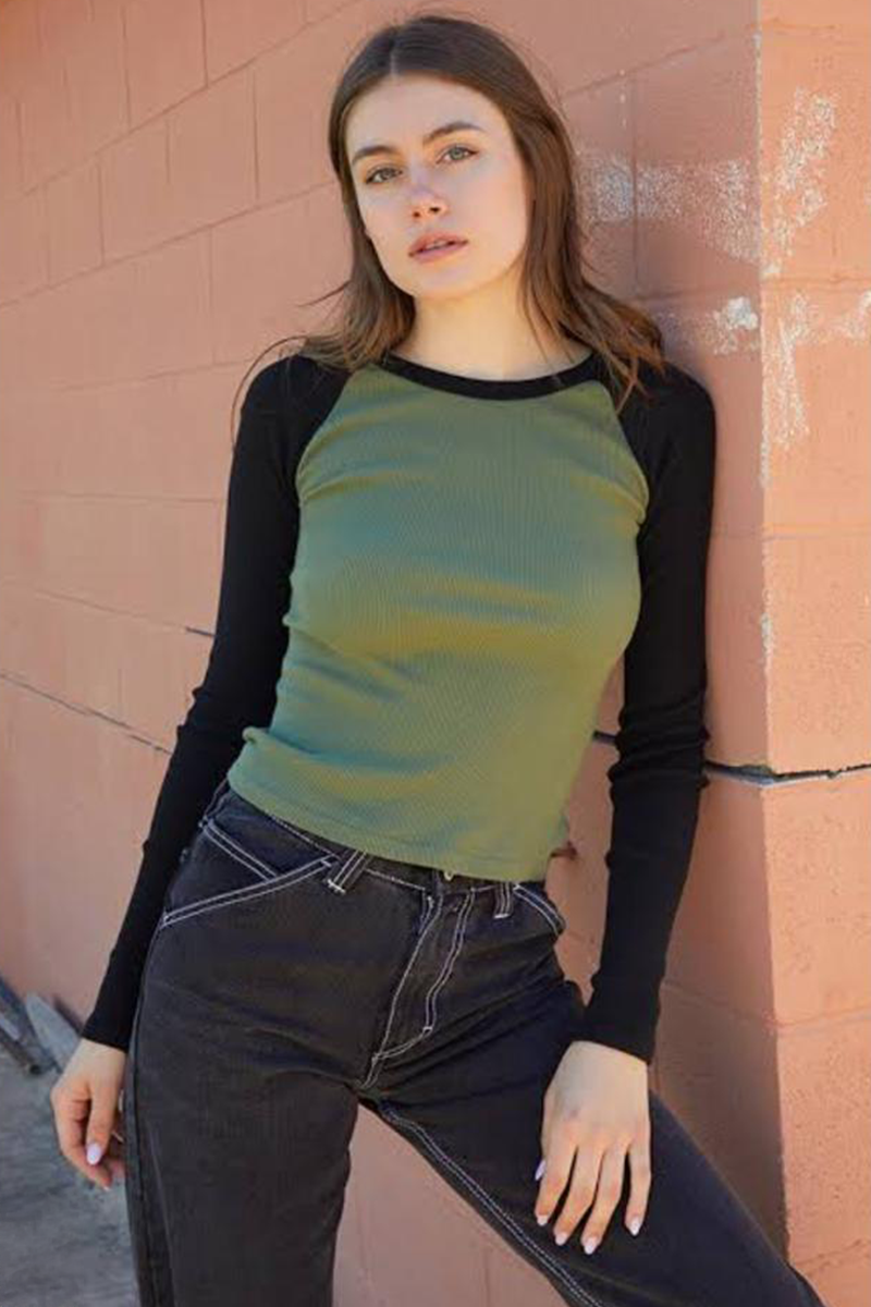 Siyah Raglan Kollu Yeşil Basic Uzun Kollu Crop