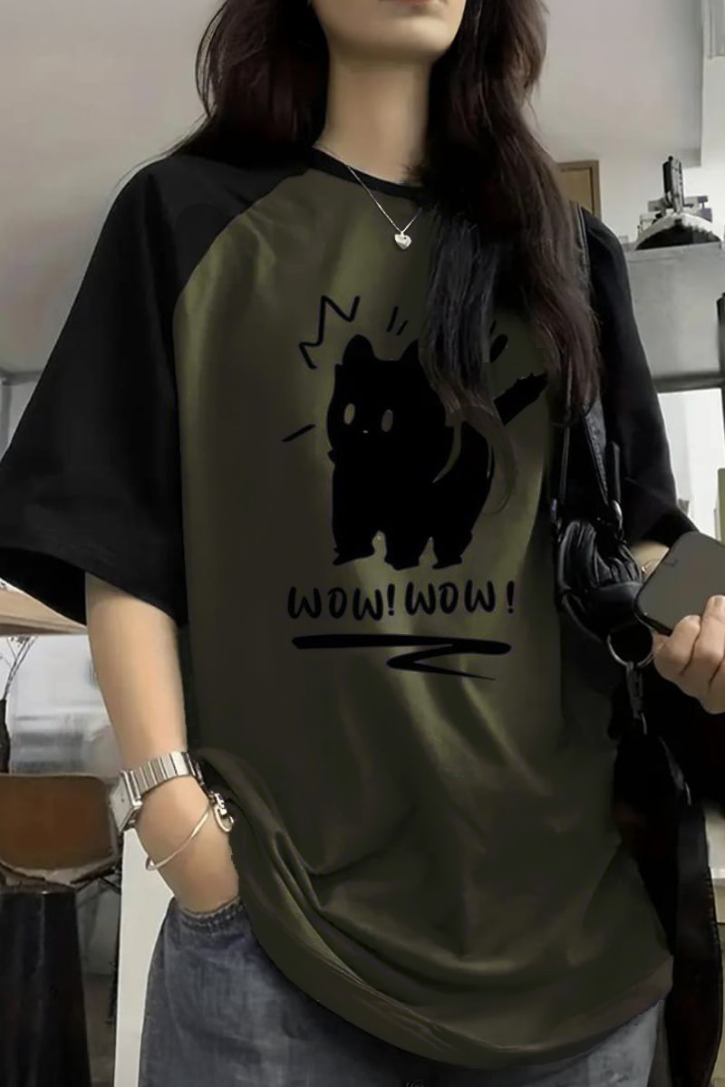 Siyah Raglan Yeşil Wow! Wow! Cat Y2K Unisex T-Sihrt