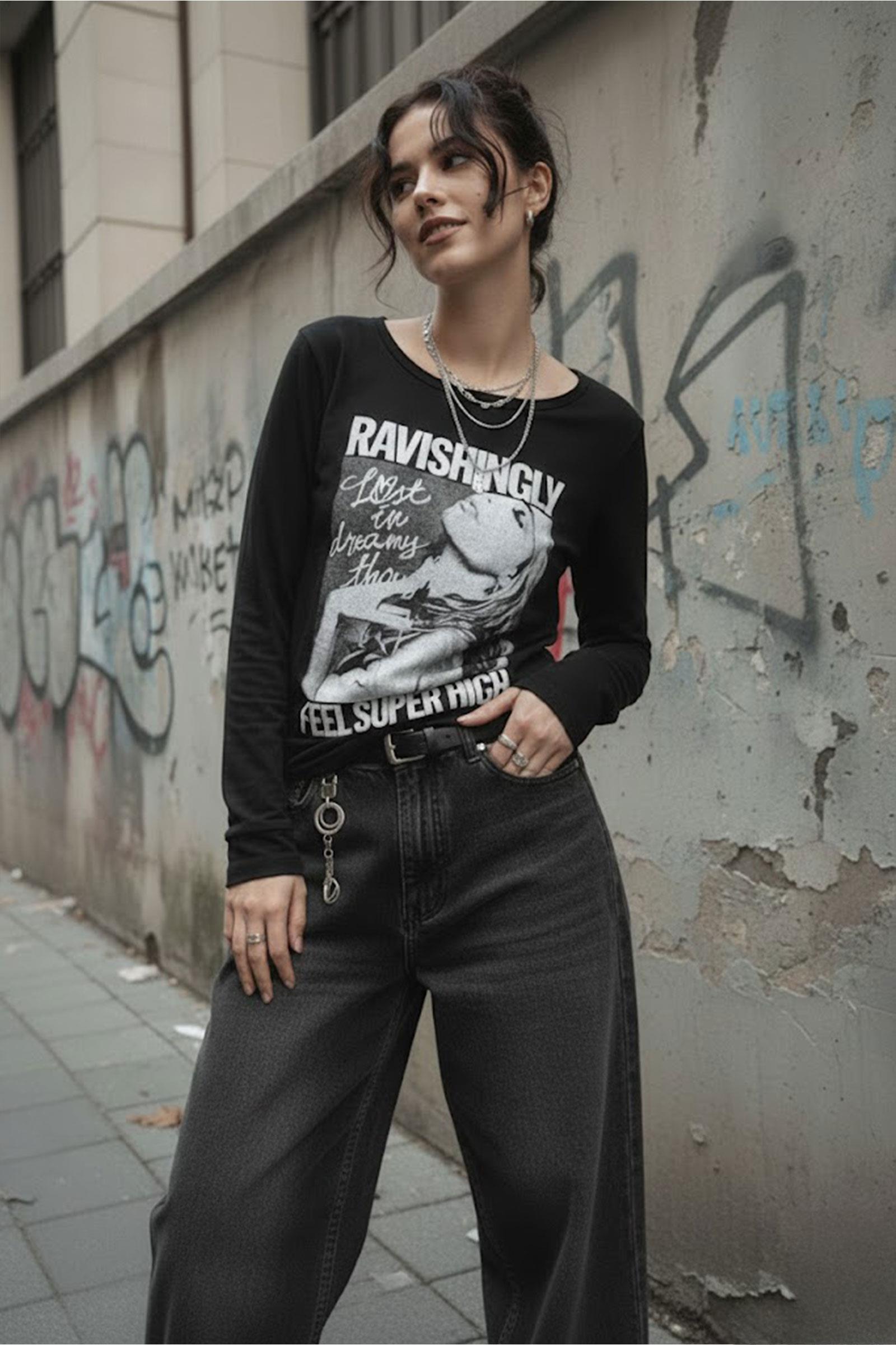 Siyah Ravishingly Vintage Y2K Uzun Kollu Crop