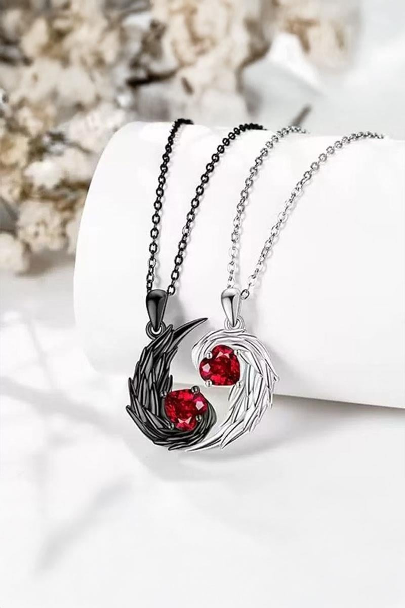 Siyah Silver Angel Wings Ying Yang Kırmızı Kalp Taşlı Kolye