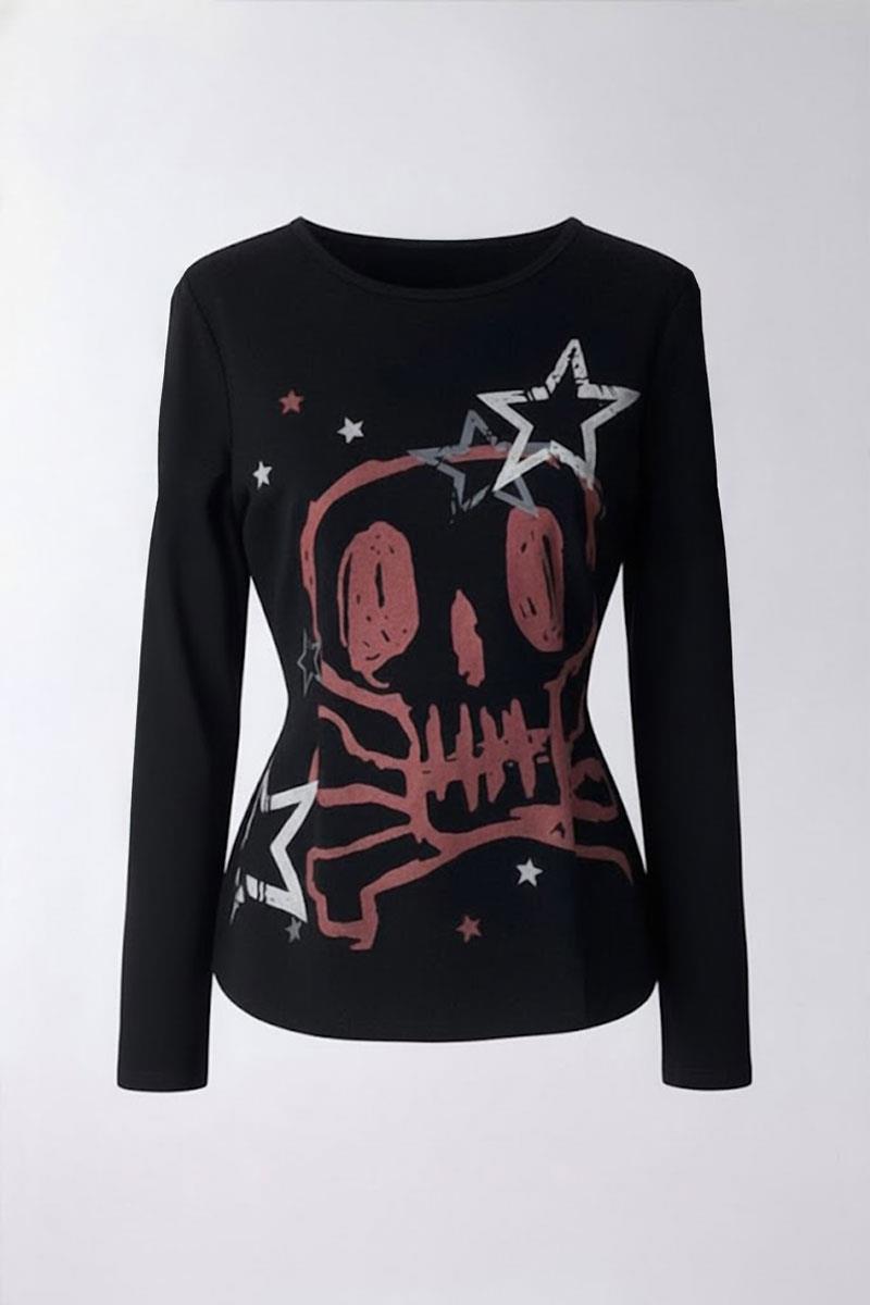 Siyah Skull Stars 2K Uzun Kollu Crop