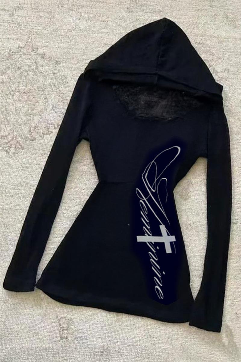 Siyah Sleeve Cross Basklılı Grunge Y2K Kapüşonlu Uzun Kollu Bluz