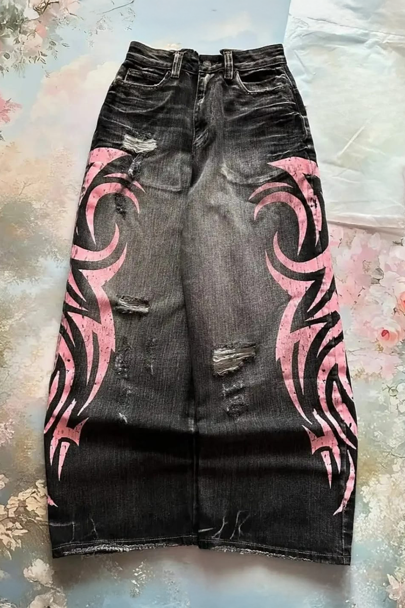 Siyah Taşlamalı Grunge Pembe Tribal Baskılı Harajuku Y2K Unisex Baggy Pantolon