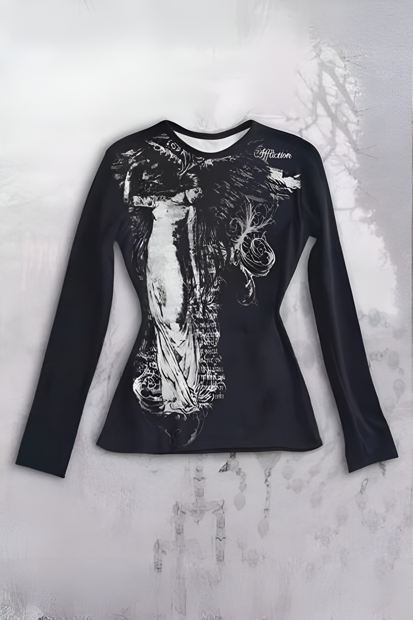 Siyah Vintage Angel Affaction Cyber Grunge Y2K Uzun Kollu Crop