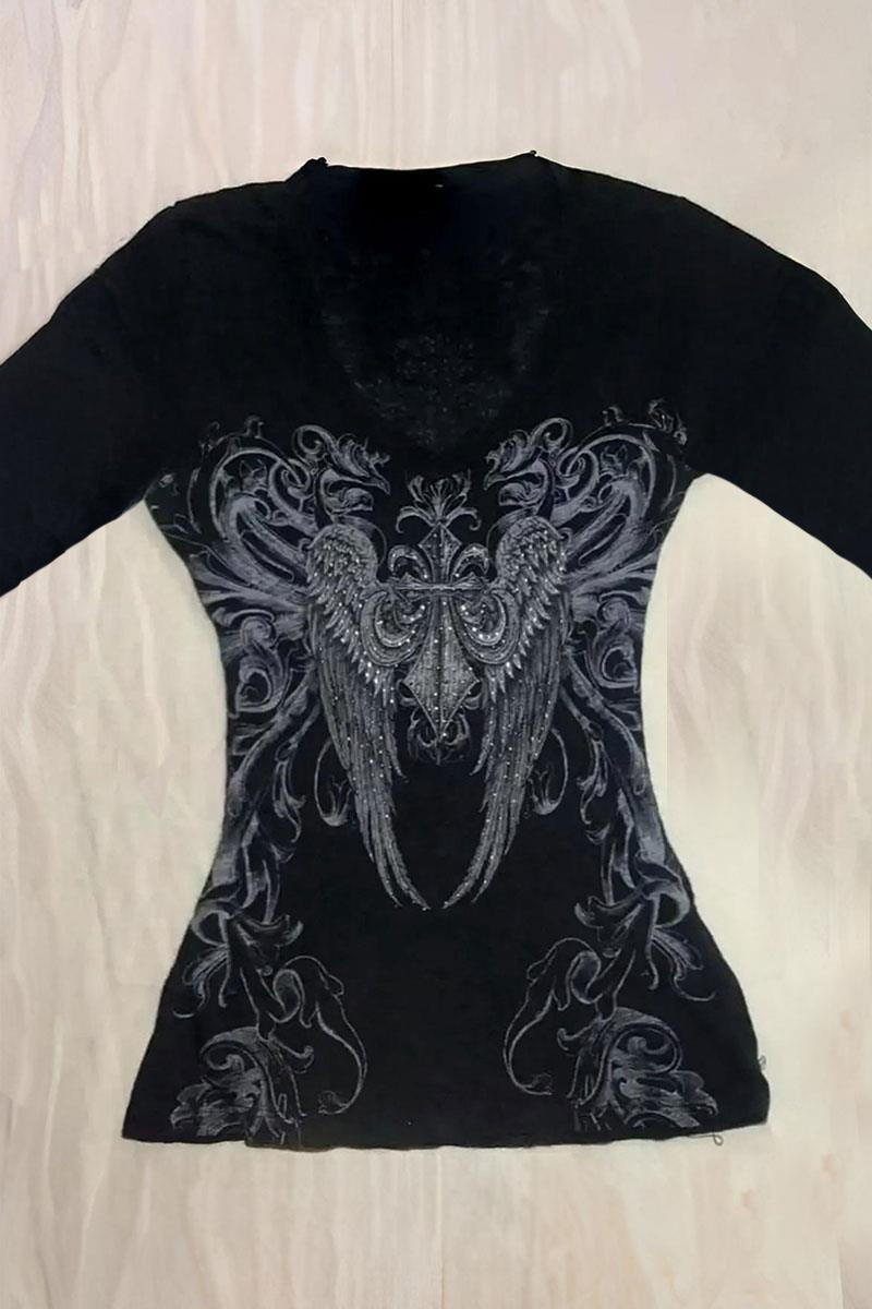 Siyah Vintage Gotik Wing Kısa Y2K Uzun Kollu Crop