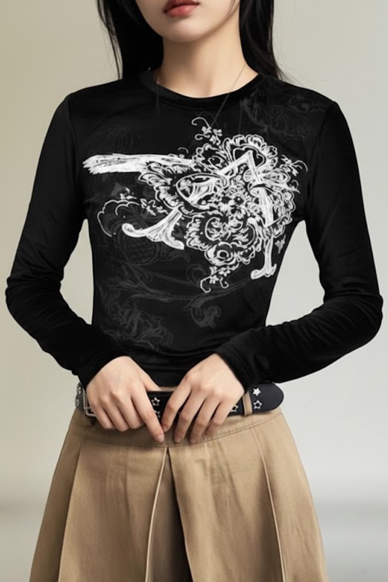 Siyah Vintage Punk Patterned Y2K Uzun Kollu Crop