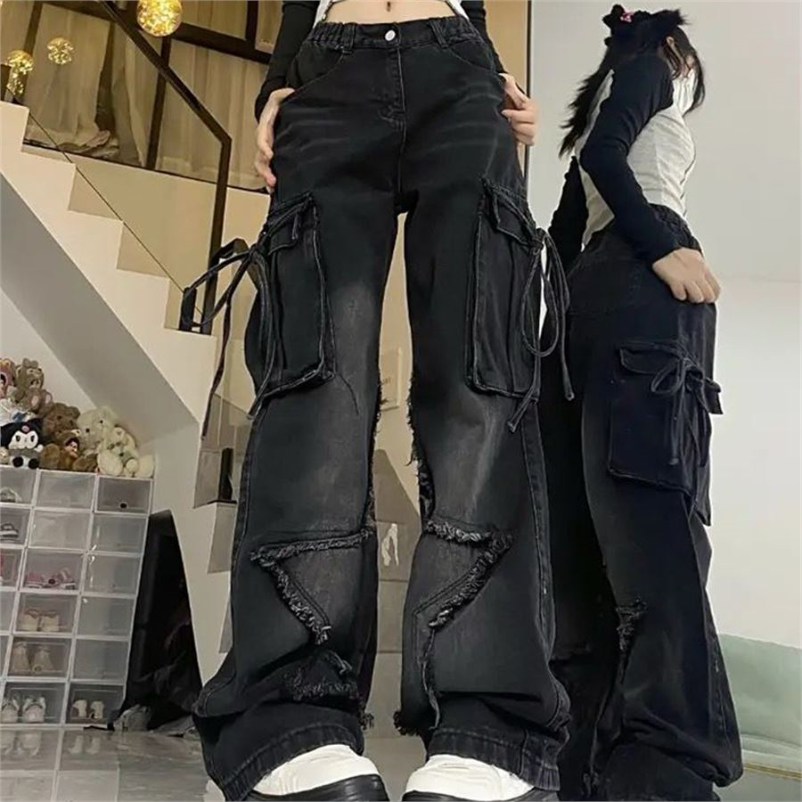 Siyah Yıldız Yamalı Vintage Kargo Cepli Baggy Kot Pantolon