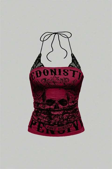Ozz angelo タンクトップ　キリスト　y2k Kırmızı Hedonistic Skull Dantel Detaylı Y2K Askılı Crop