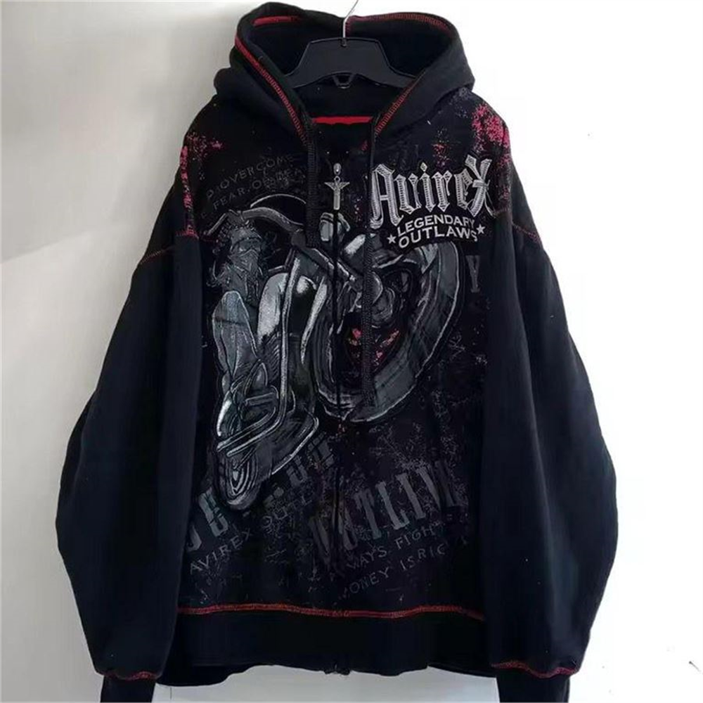 Siyah Gothic Legendary Outlaws Cyber Grunge Fermuarlı Kapüşonlu