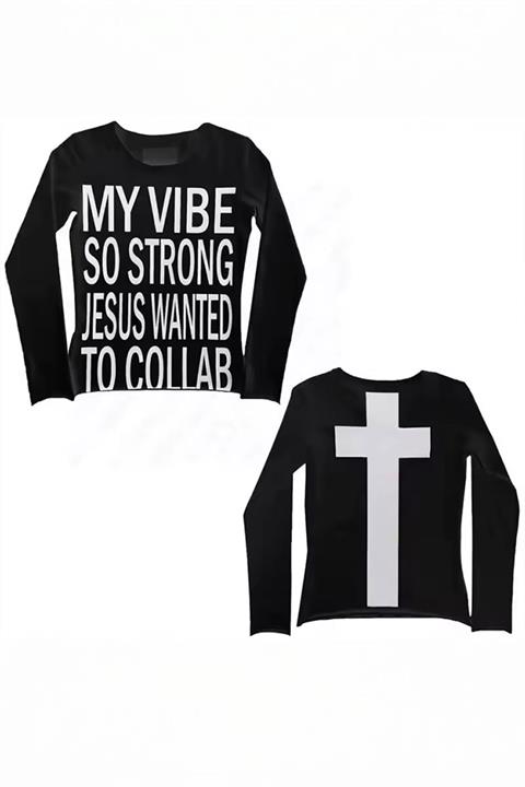 Siyah My Vibe Cross Sırt Baskılı Y2K Uzun Kollu Crop