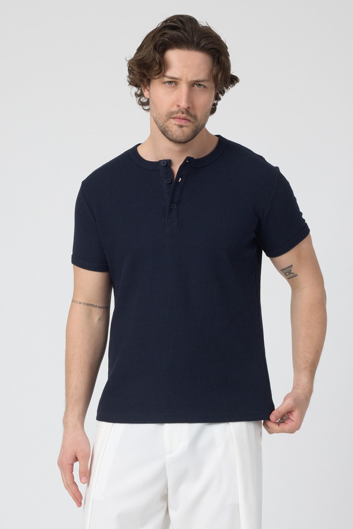 Erkek Fitilli İnterlok Yaka Düğmeli Tshirt Lacivert