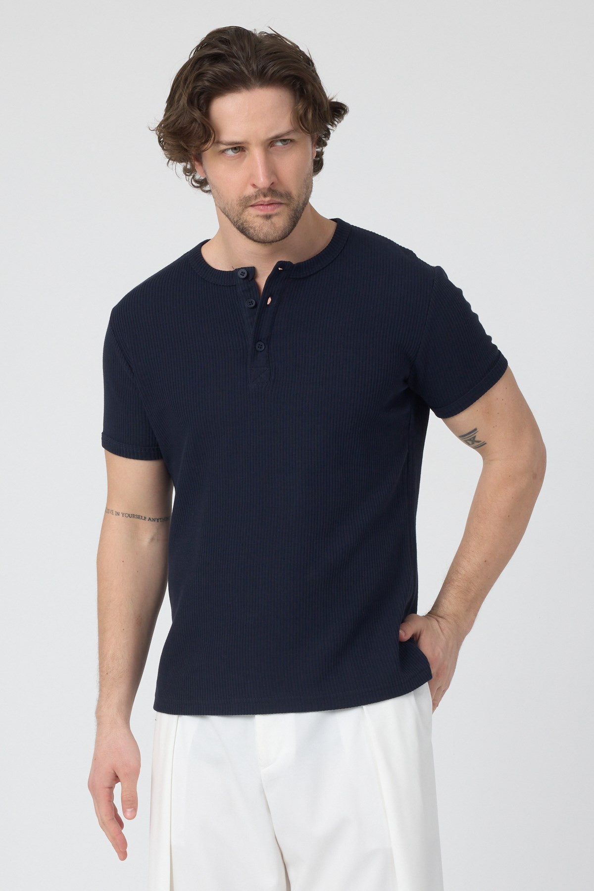 Erkek Fitilli İnterlok Yaka Düğmeli Tshirt Lacivert