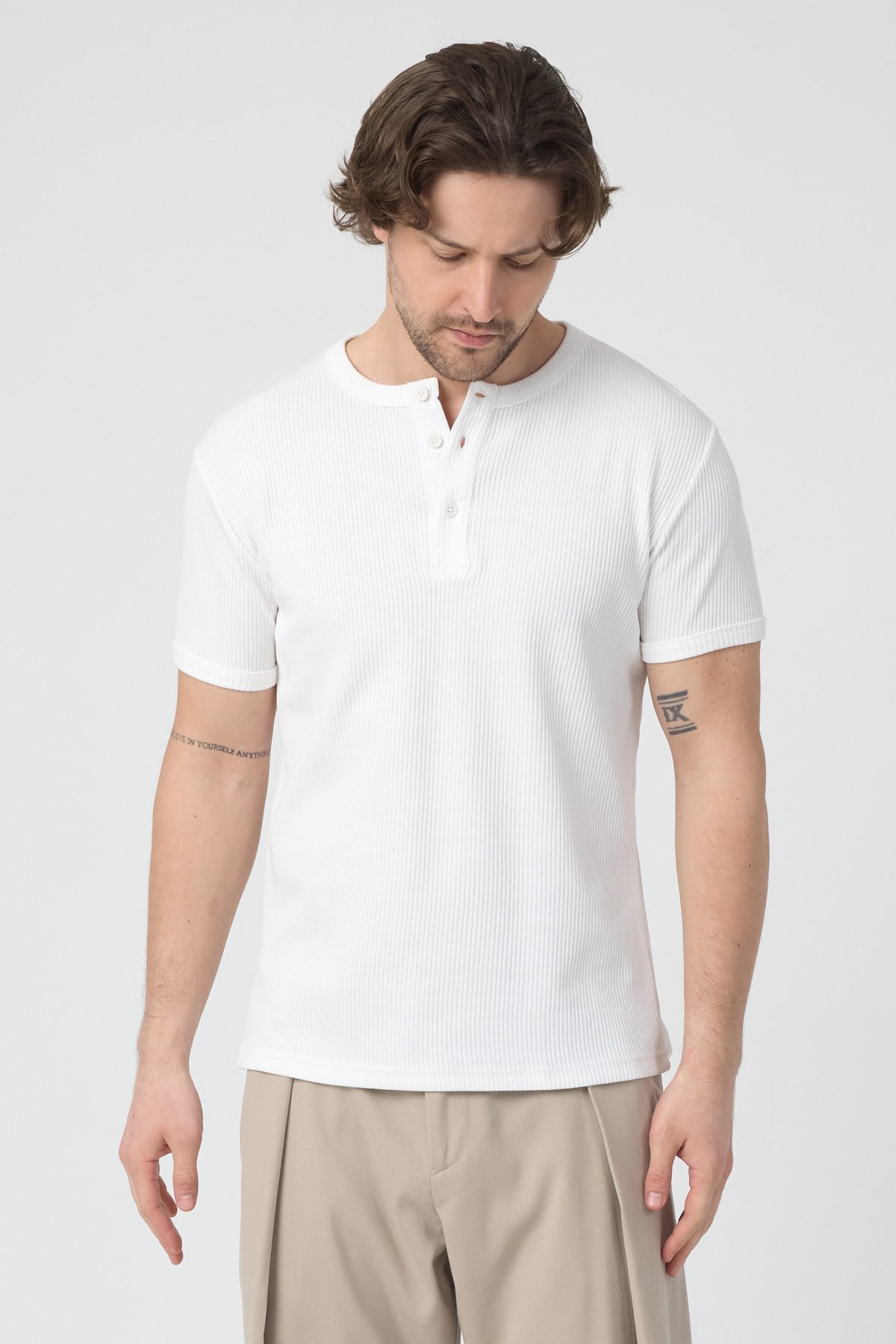 Erkek Fitilli İnterlok Yaka Düğmeli Tshirt Beyaz