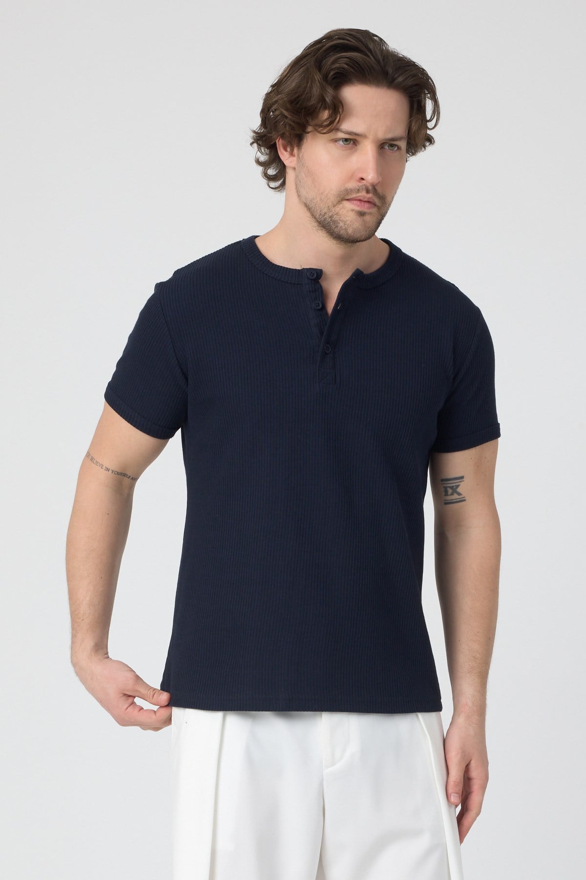 Erkek Fitilli İnterlok Yaka Düğmeli Tshirt Lacivert